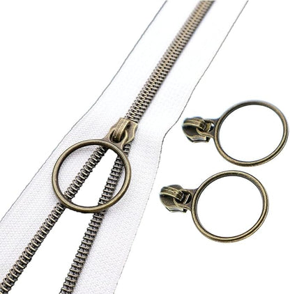 Leekayer #5 Antique Brass Metallic Nylon Coil Zippers by The Yard Bulk 10 Yards White Zipper Tape with 25pcs Antique Brass Ring Pull Sliders for DIY Sewing Tailor Craft Bag(White)