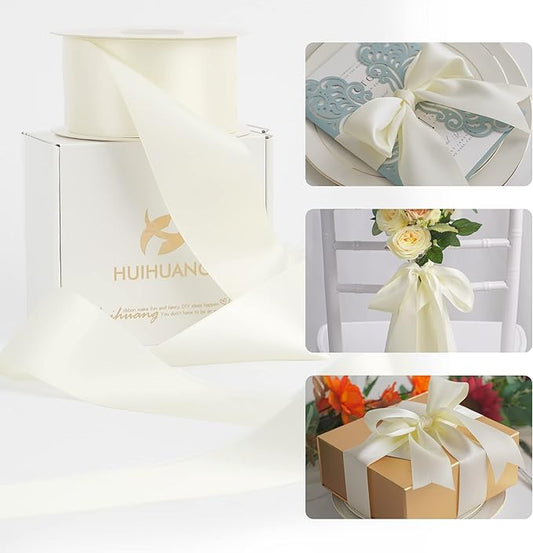HUIHUANG White Ribbon 2 inch Wide Antique White Double-Faced Satin Ribbon for Flower Arrangements Supplies Wedding Bridal Shower Decor Invitations Crafts Bows Gift Wrapping, Basket - 25 Yards/Roll