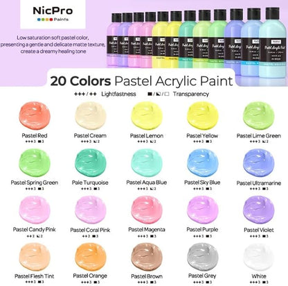 Nicpro 20 Colors Pastel Acrylic Paint Set (8.45 oz, 250 ml), Large Bulk Pastel Acrylic Paint, Non Toxic Art Painting Supplies for Canvas, Rock, Wood, Fabric, Ceramic, Craft, with Knife Color Wheel