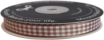 Micomon Khaki and White Woven Edge Plaid Ribbon 100% Polyester Gingham Ribbon 25 Yards Each Roll (3/8"Khaki)