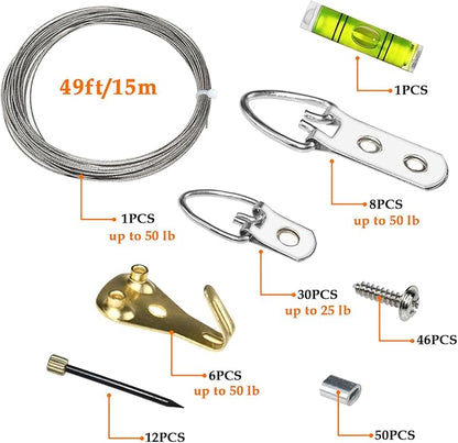 SDTC Tech Picture Wire Hanging Kit Supports Up to 40lbs with D-Rings, Wall Hanging Hooks, 50ft Stainless Steel Wire Rope, Level, Aluminum Crimping Loop Sleeve & Screws for Painting Photo Mirror Frame