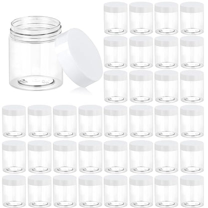 Eternal Moment 36 Pack 3 OZ Plastic Jars Round Clear Cosmetic Container Jars with White Lids, Perfect for Lotion, Slime，Cream, Ointments, Makeup, Eye Shadow, Samples, Pot, Travel Storage