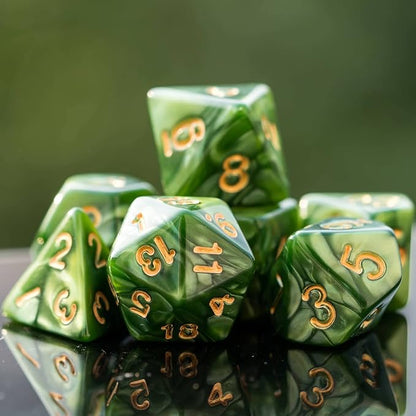 7-Die DND Dice Set Polyhedral Dice Set with a Leather Dice Bag, D&D Dice Set for Dungeons and Dragons, RPG Table Games (Green)