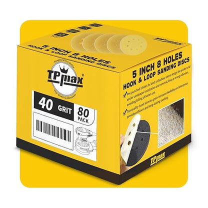 80PCS 5 Inch 40 Grit 125mm 8 Hole Sanding Discs Sandpaper - Premium Gold Round Hook and Loop for Random Orbital Sander - Ideal for Wood, Metal, Automotive