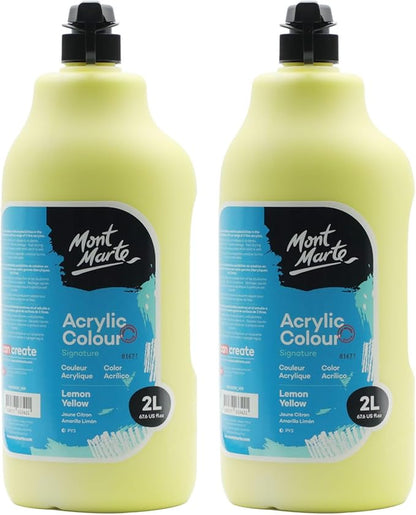 Mont Marte Discovery School Acrylic, 2 PACK, Lemon Yellow, 1/2 Gallon (2 Liter). Ideal for Students and Artists. Excellent Coverage and Fast Drying. Pump Lid Included.