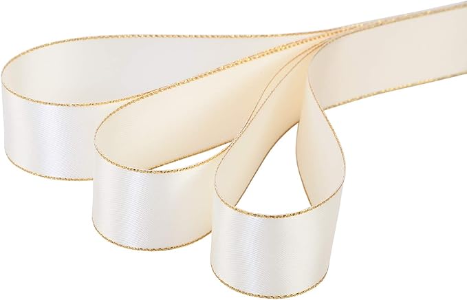ITIsparkle 1" Inch Double Faced Satin Ribbon 25 Yards with Gold Edges, 1" X 25Yd - Ivory