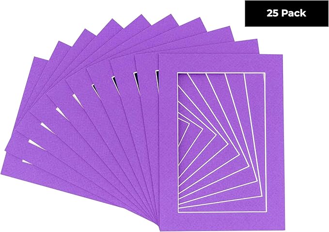 5x7 Mat for 8.5x11 Frame - Precut Mat Board Acid-Free Show Kit with Backing Board, and Clear Bags Purple 5x7 Photo Matte Made to Fit a 8.5x11 Picture Frame Matboard for Framing, Pack of 25 Mats