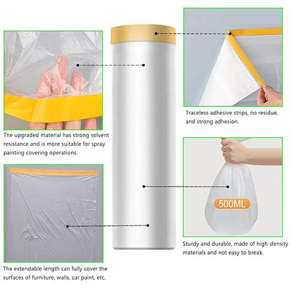 Pre-Taped Masking Film-22inx65ft Tape and Drape Painters Plastic Rolls, Plastic Painting Film for Automotive Painting Covering,Protective Drop Film for Furniture, Car, Floor (6rolls, 22in×65ft)