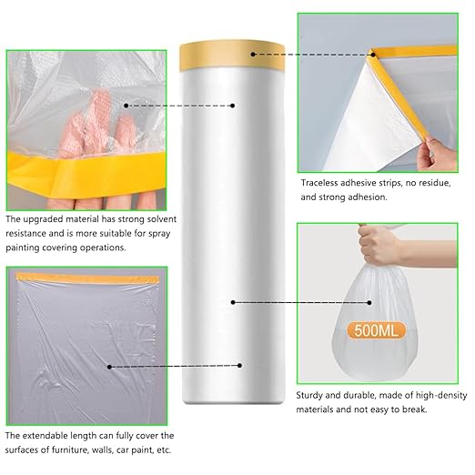 Pre-Taped Masking Film-43inx65ft Tape and Drape Painters Plastic Rolls, Plastic Painting Film for Automotive Painting Covering,Protective Drop Film for Furniture, Car, Floor (6rolls, 43in×65ft)
