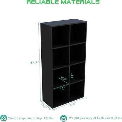 8-Cube Storage Shelf Bookcase - Wooden 4-Tier Floor Standing Open Bookshelf, Modern TV Stand up to 55 Inchs for Home and Office, Black