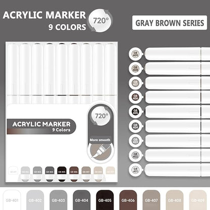 Water Based Acrylic Paint Markers, 9 Colors Acrylic Paint Pens Set with Soft Brush Tip, Marker Pen for Rock Painting, Egg, Wood, Glass, Paper, Mugs, Acrylic Painter Ink (Gray Brown Series)