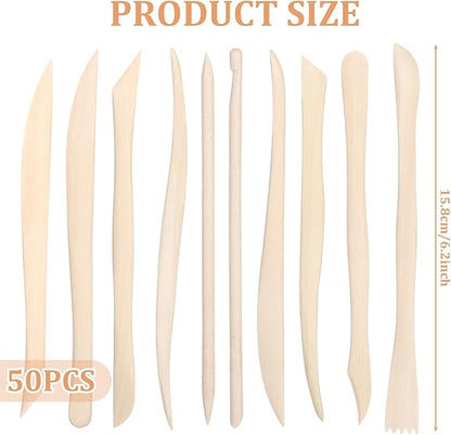 50PCS Wooden Clay Sculpting Tools, 6.2'' Smooth Double Ended Clay Modeling Tools, Polymer Clays Tool Sculpting, Wood Pottery Tool Kit for Ceramics Soap Playdough Carving Supplies