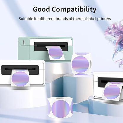 2" Circle Holographic Thermal Label Stickers, Round Printable Rainbow Glitter Thermal Printer Sticker Labels for Gift Wrapping, Self-Adhesive Name Price Tag DIY Custom Logo Design- Purple