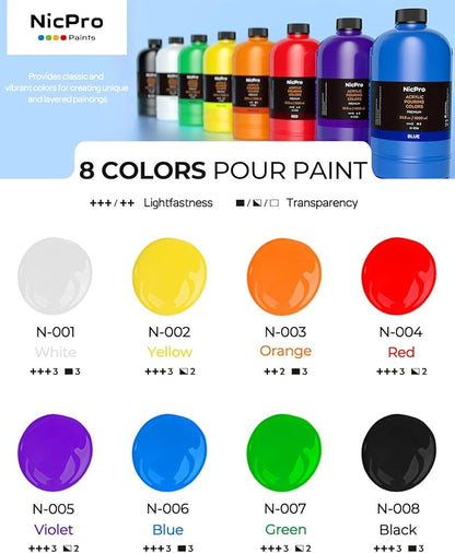 Nicpro 8 Colors Large Bulk Acrylic Pour Paint Set (33.8 oz, 1000 ml) Premixed High Flow Art Pouring Paint Supplies Kit with Silicone Pour Oil, Gloves for Beginner Cell Creation Flow DIY, Ready to Pour