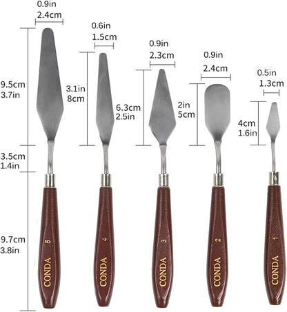 CONDA Palette Knife Painting Stainless Steel Spatula Palette Knife Oil Paint Metal Knives Wood Handle (Red 5 Piece)