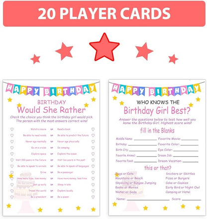 Birthday Party Games Set for Girls- 20 Birthday Double Sided Games Cards Set- Girls Birthday Party Activity Notebook Themed Party Activity and Idea - Girl Birthday Party Supplies, Decorations
