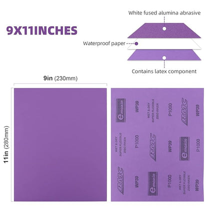 Sandpaper 1000 Grit 20 PCS, Wet Dry Sanding Sheets 9 x 11 Inch, Purple Alumina Abrasive Sand Paper for Wood, Metal, Drywall, Resin, Automotive Sanding, Polishing, Grinding, by POLIWELL