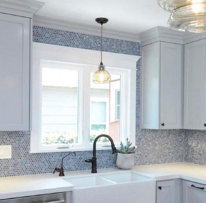 Denim Blue Penny Round Mosaic Glass Tile – 12.2 x 12.2 Inch - 10 Sheet Pack - Luxurious Design for Bathroom Walls, Kitchen Backsplash, Shower Walls - Elegant Wall Decor - NOT Peel and Stick Tile