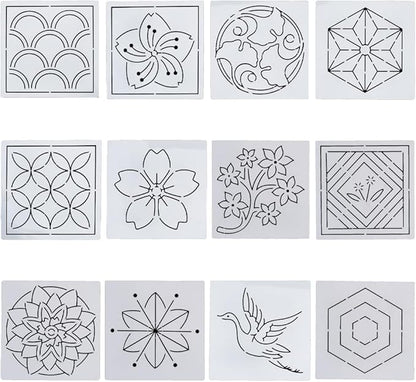 FREEBLOSS Sashiko Embroidery Stencils Sashiko PET Stencil Flowers Embroidery Patterns Stencils for Drawing Sashiko Template for Hand Quilting and Embroidery 14x14cm