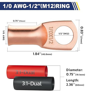 haisstronica 10pcs 1/0 AWG - 1/2" (M12) Battery Cable Lugs, Heavy Duty Copper Wire Lugs with 10pcs 3:1 Adhesive Heat Shrink Tubing,0 Gauge Wire Connectors Battery Terminal Connector,Battery Cable Ends