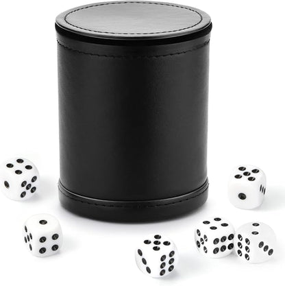 Felt Lined Dice Cup PU Leather Set, Quiet Shaker for Dice Board Family Games Yahtzee Farkle, Set of Six 16mm Rolling Dice Included