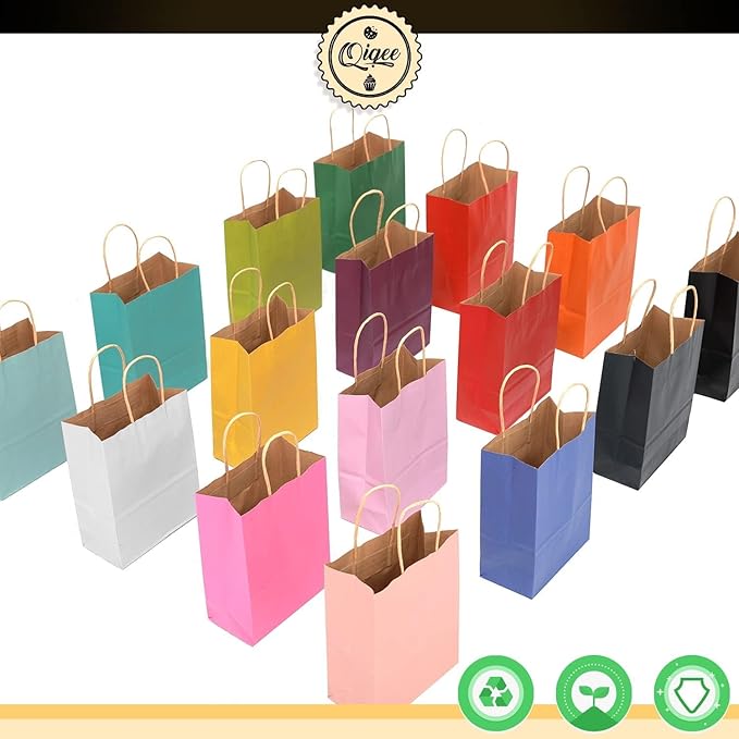 qiqee 32-Packs Paper Bags with Handles Bulk 7.6"x4.75"x10.5" Medium Gift Bags 16 Different Senior Color Bags Multiple Uses（Medium Size）