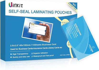Uinkit 110-Pack Bulk Business Card Laminating Pouches, 10Mil Double-Sided for 2.6x3.9" Cards, Ultimate Volume Solution for Restaurant IDs, School Badges, Event Credentials - No Laminator