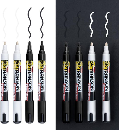 TRANSON 2 Black and 2 White Permanent Paint Markers for Fabric Rock Craft Diy Painting Medium Tip Oil Based Waterproof