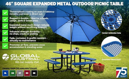Global Industrial 46" Square Picnic Table, Expanded Metal, Blue Thermoplastic Coating, Attached Benches, 1-1/2” Umbrella Pole Hole, Outdoor-Rated, 1000 lb Capacity