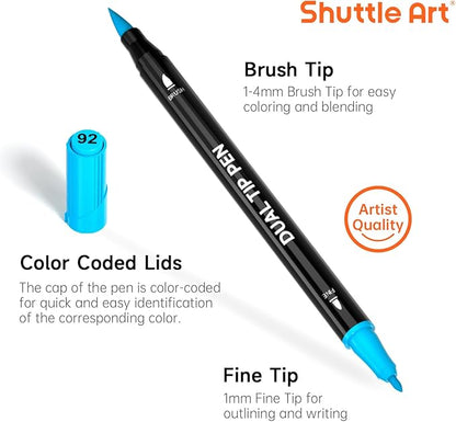 Shuttle Art Dual Tip Brush Marker Pens, 25 Colors Water-based Ink, Fine and Brush Tip Marker Set with 1 Coloring Book for Kids Adult Artist Calligraphy Hand Lettering Journal Doodling Writing
