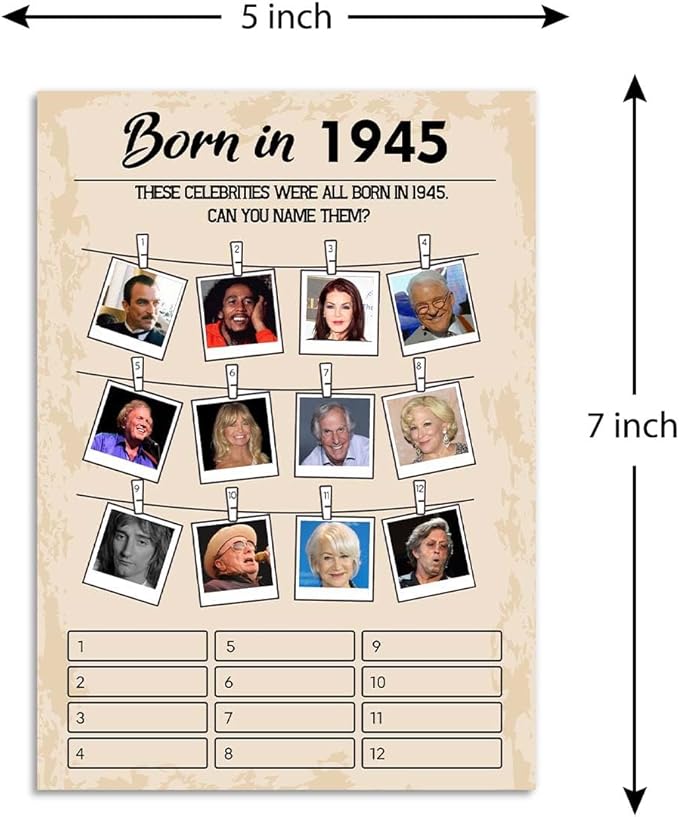 QUPT 80th Birthday Party Games, Born in 1945 Games, Birthday Party Supplies for Adults, Fun 1945s Party Game, Happy 80th Birthday Game, Pack of 30 Cards，