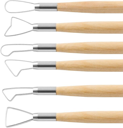 Suiwotin 6pcs Double-Sided Clay Sculpting Tools, Wooden Handle Ribbon Clay Tools, Pottery Trimming Tool, Clay Wire Loop Sculpture Set for Ceramic, Wax Carving Modeling