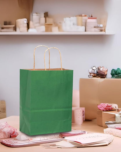 qiqee 32-Packs Deep Green Paper Gift Bags with Handles Bulk 7.6"x4.75"x10.5" Medium Size Gift Bags Multiple Uses