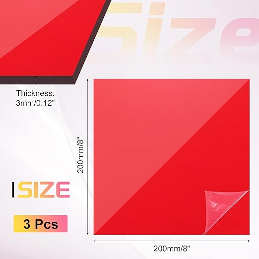 uxcell 3Pcs Acrylic Sheets 8x8 Inch Acrylic Panel 1/8 Inch-3mm Plastic Board for Picture Frames Sign Holders DIY Display Projects Craft, Clear Red