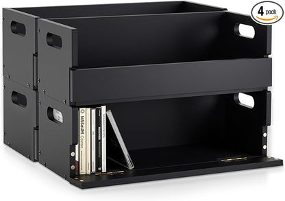 4 Set Wooden CD Storage Box Holder Shelf Cassette Tape Display Racks with Carrying Handles, Organizer Shelf for Movie Cases, DVDs, Each Set Can Store up to 36 Pcs CDs (Black)