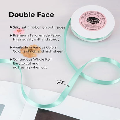 VATIN Double Face Aqua Satin Ribbon 3/8" Continuous 50 Yards,Blue Polyester Fabric Ribbon use for Bows Bouquet, Gift Wrapping, Floral Arrangement Wedding Decoration