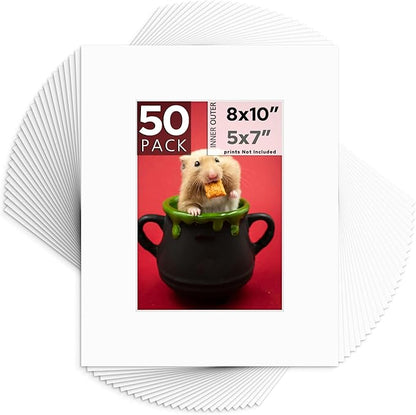 Mat Board Center, Pack of 50, 8x10 for 5x7 White Mats - Acid Free, 4-ply Thickness, White Core - for Pictures, Photos, Framing