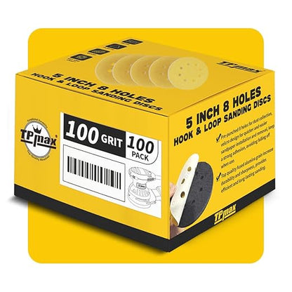 100PCS 5 Inch 100 Grit 125mm 8 Hole Sanding Discs Sandpaper - Premium Gold Round Hook and Loop for Random Orbital Sander - Ideal for Wood, Metal, Automotive