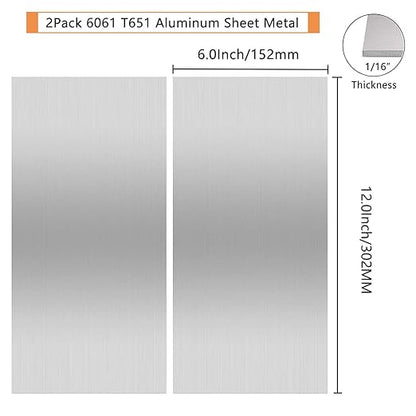 2Pack 6061 T651 Aluminum Sheet Metal 6" x 12" x 1/16"(0.06”) Flat Plain Thin Aluminum Plate Covered with Protective Film, 1.5mm Heat Treatable Rectangle Aluminum Metal Plate for Crafting, lndustry