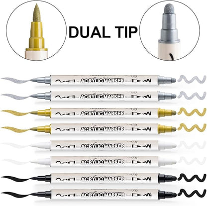TRANSON 2 Gold, 2 Silver, 2 Black and 2 White Paint Markers Brush and Bold Dual-tip Acrylic Paint Marker Set for Rock Painting Glass Canvas Wood Leather Ceramic Painting