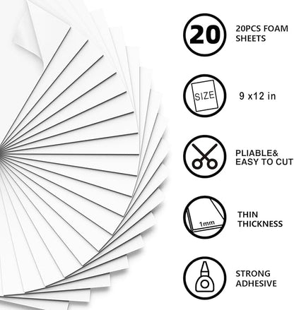 MEARCOOH White Self Adhesive Foam Sheets, 1mm Sticky Eva Foam Paper 9x12 Inch for Crafts(20PACK)