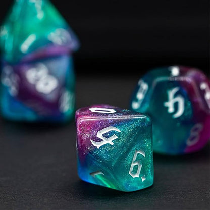 7-Die DND Dice Set Polyhedral Dice Set with a Leather Bag, D&D Dice Set for Dungeons and Dragons, RPG Table Games (Rose Blue w/Glitter)