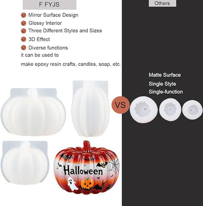 3Pack Mini 3D Pumpkin Molds for Resin, Resin Pumpkin Mold, Pumpkins Silicone Mold for Epoxy Resin, Handmade Soap, Candle, Halloween Silicone Molds