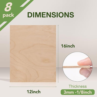 8 Pack Birch Plywood Sheets, 12 x 16 x 1/8 Inch, 3mm Plywood for Laser Cutting, Thin Unfinished Wood Sheets for Architectural Models, Wood Burning and DIY Wood Crafts