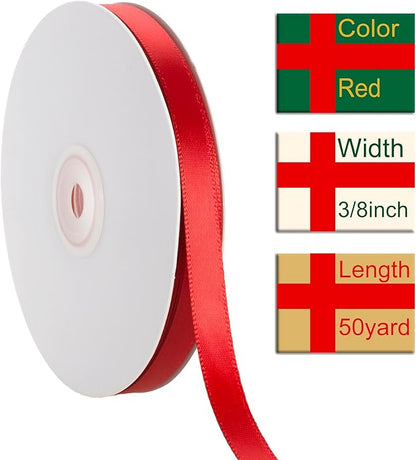 3/8 Inch Red Ribbon, 50 Yards Craft Polyester Satin Ribbon Perfect for Gift Wrapping, Handmade Roses, Wedding Party Decorations and DIY Crafts