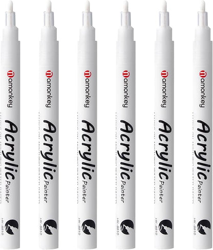 White Paint Marker Pens 6 Pack 1.2mm Fine Tip, Permanent Acrylic Ink for Rock, Wood, Metal, Glass, Ceramic, Plastic, Canvas, Pens for DIY Crafts, Art & Fine Detailing