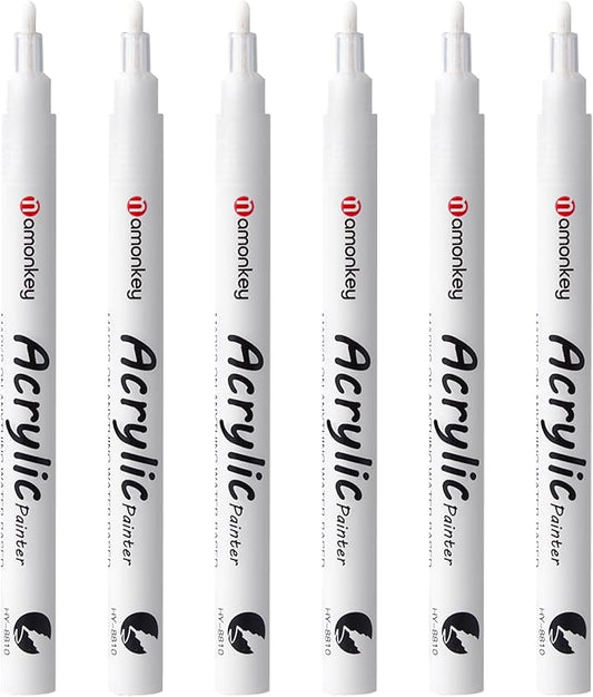 White Paint Marker Pens 6 Pack 1.2mm Fine Tip, Permanent Acrylic Ink for Rock, Wood, Metal, Glass, Ceramic, Plastic, Canvas, Pens for DIY Crafts, Art & Fine Detailing