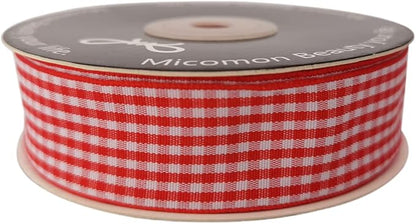 1 Inch Red and White Woven Edge Gingham Ribbon 25 Yards Each Roll 100% Polyester (1", red)