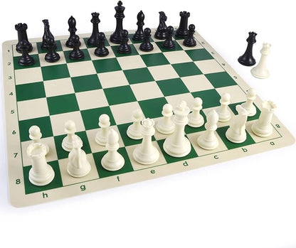 4" King Tournament Chess Set Foldable 20" Silicone Chess Board Mat with 2.2" Squares Green Color, Weighted Chess Pieces- 2 Extra Queens, Carrying Case for Storage and Travel