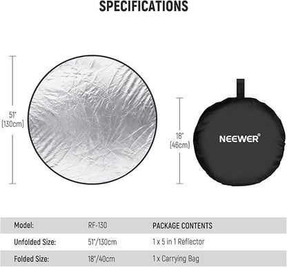 NEEWER 51 Inch/130 Centimeter Light Reflector Diffuser 5 in 1 Collapsible Multi Disc with Bag - Translucent, Silver, Gold, White, and Black for Studio Photography Lighting and Outdoor Lighting